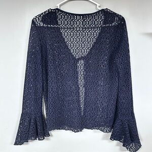 believe…. Crochet Tie Front Navy Lacy bell sleeves whimsy fairy Sweater - 8